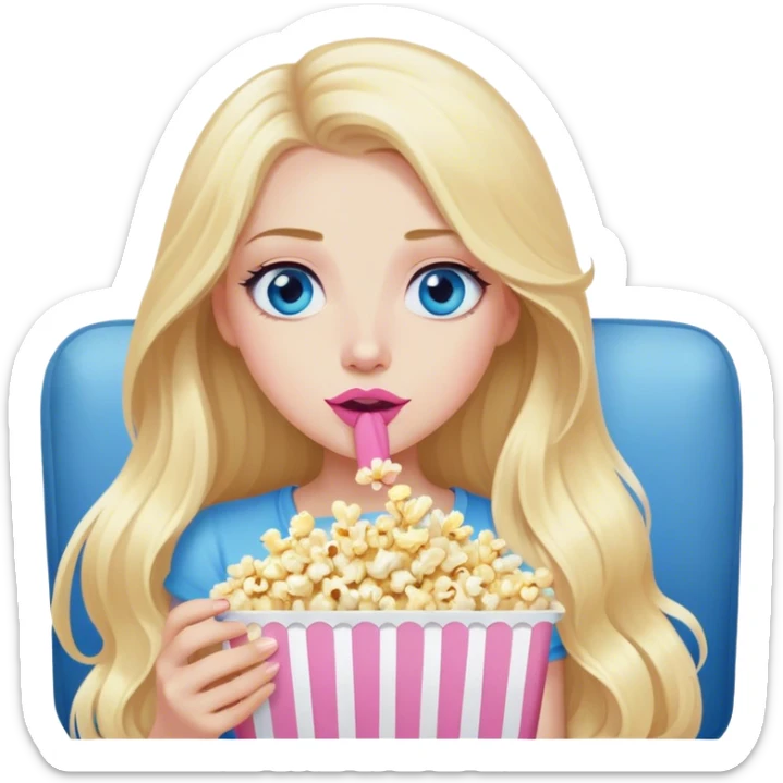 Cinematic realistic blonde with long hair, blue eyes and pink lips, watching TV and eating popcorn sticker