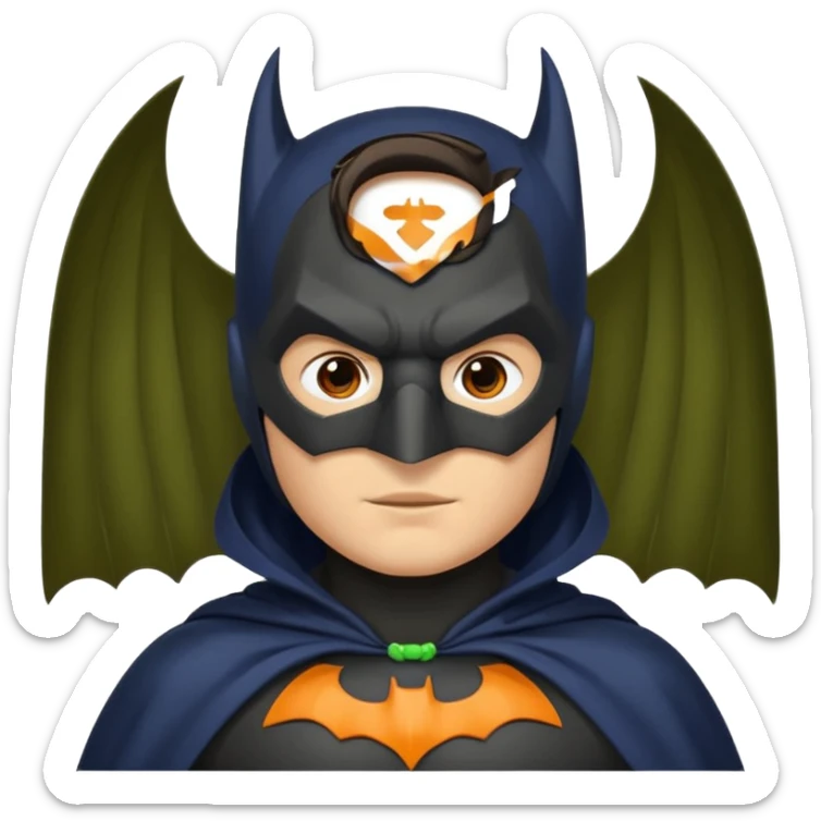 generate a batman emoji with just the face and neck showing and part of the cloak and and wings. Shade the bat logo on the chest in a bright  olive green. Shade the mask in dark navy blue.  Shade the cloak in a solid vibrant orange.  sticker