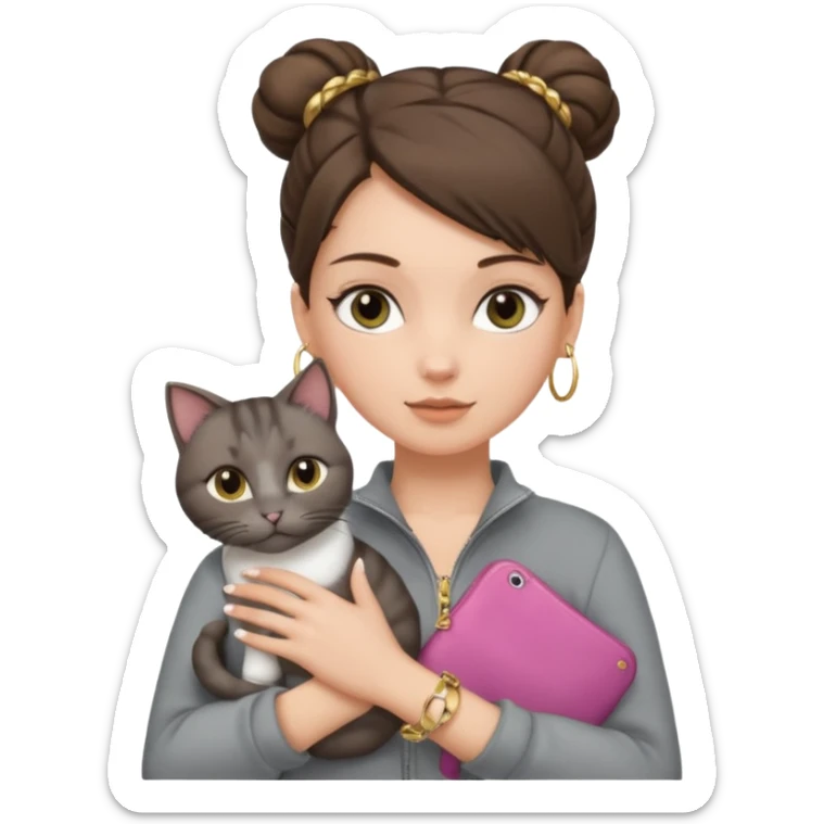 a white girl with brunette hair in a one single bun holding a grey cat. the girl has long lashes and has on a grey zip up that is half way zipped  and under a white shirt and gold jewelry that is gold bracelets. sticker