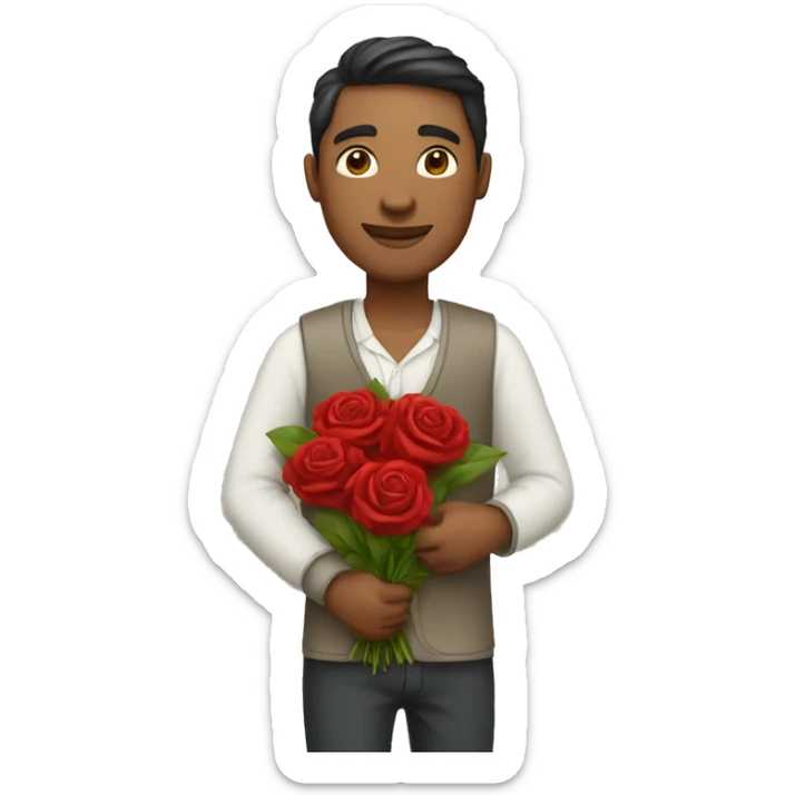 Ypung man with social cloths carrying a bouquet of red rose flowers sticker
