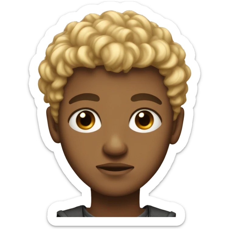 black eyes, very very curly blonde very short hair, boy, tan skin, serious face sticker