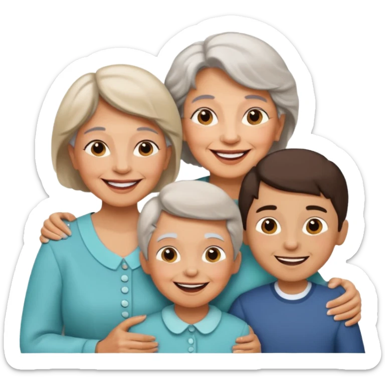 two kids (1 boy and 1 girl) with their mother and grand mother smiling sticker