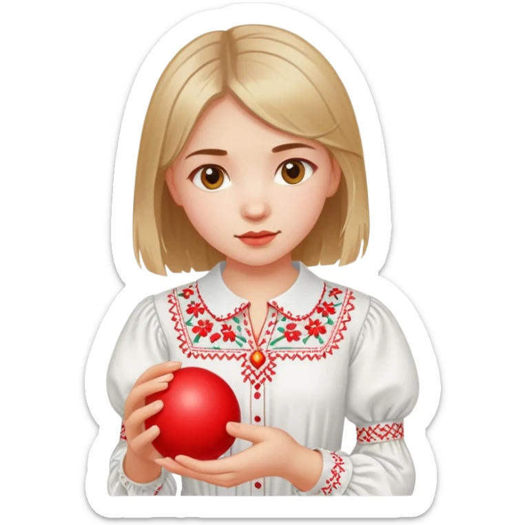 Ukrainian young girl in a white embroidered shirt holds a red ball of thread in her hand sticker
