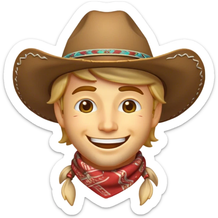 Clash of Clans aesthetic Playful Cowboy Portrait Emoji, Head tilted with a roguish, cheeky grin and twinkling eyes, featuring a compact, charming build with a jaunty hat and a friendly bandana, his natural skin tone adding authenticity, Simplified yet irresistibly charming features, highly detailed, glowing with a warm, inviting western glow, high shine, spirited and lively, stylized with an air of whimsical frontier mischief, soft glowing outline, capturing the essence of a playful cowboy exuding friendly rogue charm! sticker