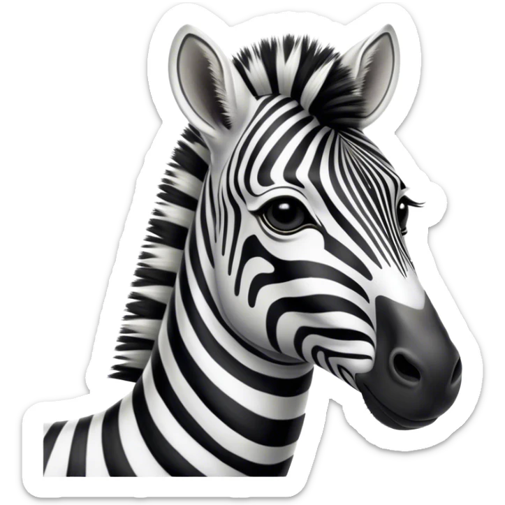 Cinematic Noble Zebra Portrait Emoji, Poised and regal, with a lean, elegant build and a striking Fur of bold black and white stripes, deep-set soulful piercing eyes, Simplified yet sharp and sophisticated features, highly detailed, glowing with a soft, dignified glow, high shine, intelligent and graceful, stylized with an air of savannah chic, focused and attentive, soft glowing outline, capturing the essence of a watchful and confident equine, so majestic it feels as though it could gallop out of the screen with effortless authority! sticker