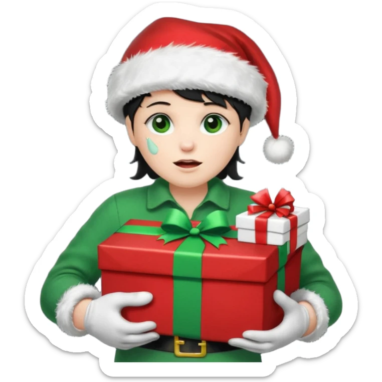 appears to be a naughty list with the words "NAUGHTY" written on top of it. It is sad with tears and wearing a Santa hat and has green boots and gloves. It is holding a present-looking chest in it's hands with coal inside. sticker