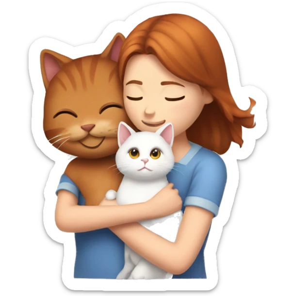A red-and-white cat who is hugged by a girl with brown hair sticker