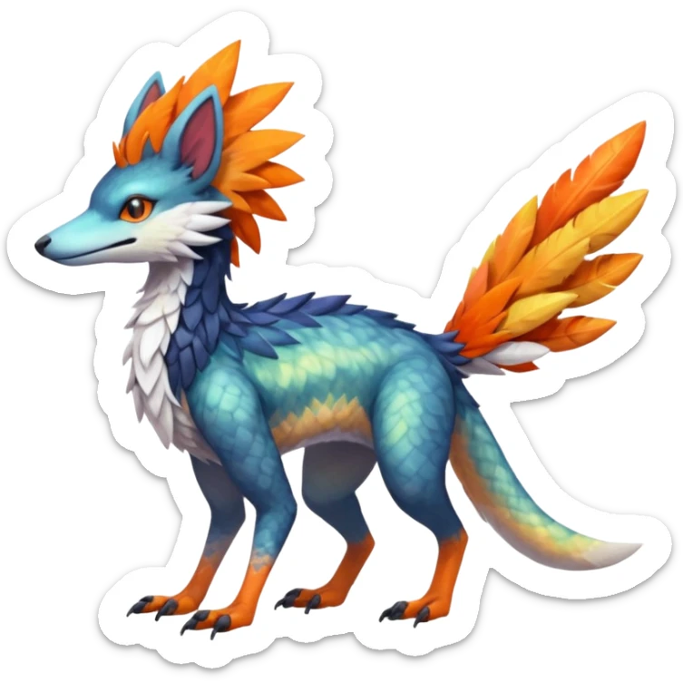 Colorful Fruity Iridescent Warm-colored Tropical Exotic Vernid-Sergal-Trico-Silvally-Nargacuga-fusion-hybrid-animal-creature, full body sticker