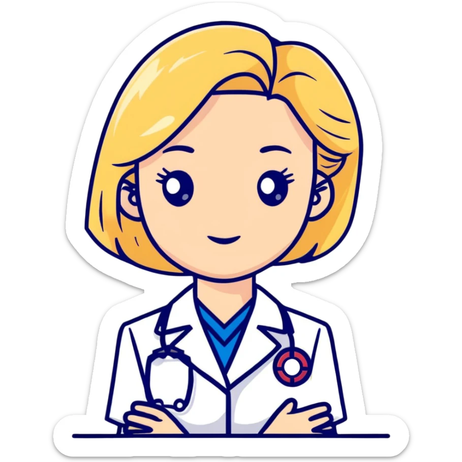 blonde woman kinesiologist in medical uniform with thoughtful face sticker