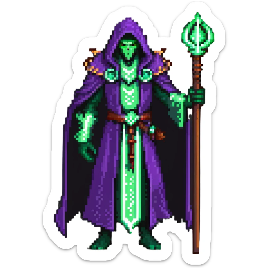 warlock with purple robes, green fel magic, demonic energy, holding a staff, World of Warcraft character sticker