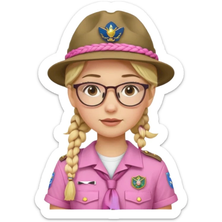 scout girl with pink scout uniform including hat, blonde braided haired and glassess sticker