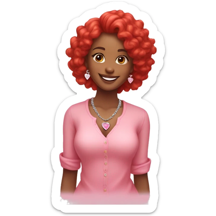 Bright skin girl, bright smile, red long curve hair, wearing diamond bud earrings, a heart shape necklace and pink pastel shirt  sticker