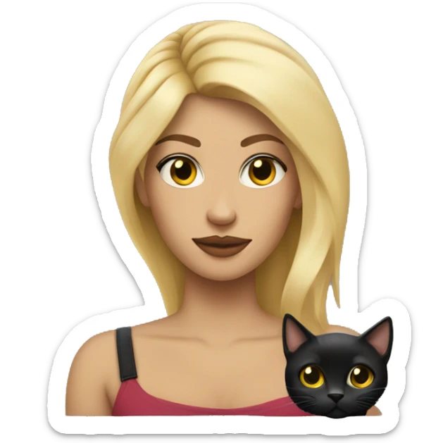 a woman with blond hair, tattoos on her arms and a black cat on the head  sticker