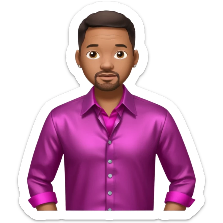 Will Smith with dark brown hair, metallic fuchsia dress shirt, metallic white pants sticker