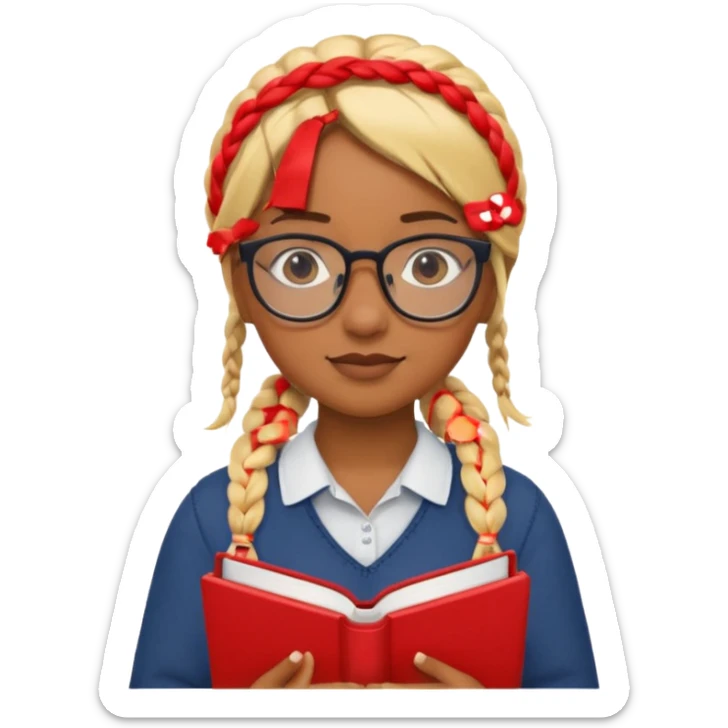 A student, girl, brown skin, braid blonde hair, wearing glasses, hold red book in front of their chest sticker