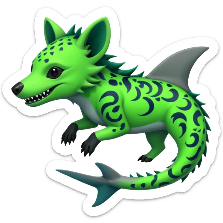 Edgy cool badass Neon-green landhai-sergal-hyena, with a shark tail, with black and dark-green swirly patterns markings sticker