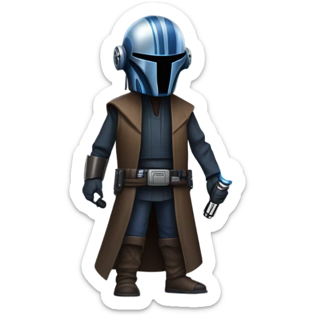 tough well-equipped jedi first order darkblue-pearl C3po as a friendly bounty hunter droid wearing a leather attire old west duster coat holding light saber ready  sticker