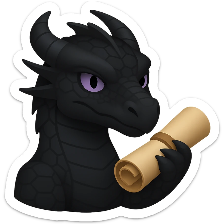 Edit the image to depict Darkstalker the NightWing dragon from Wings of Fire holding his animus scroll in emoji style with no background. Remove the background entirely to isolate the subject. sticker
