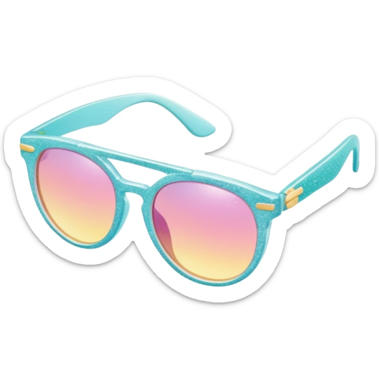 A colorful pair of shiny glossy smooth soft sparkly glittery sunny Pastel sunglasses (aesthetic, loose object, apparel), seen from the side, 3/4 angle sticker