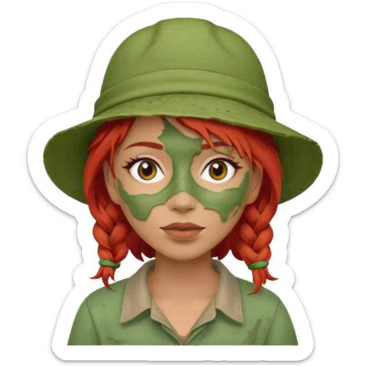 messy green full face clay mask and tourist hat red hair  sticker
