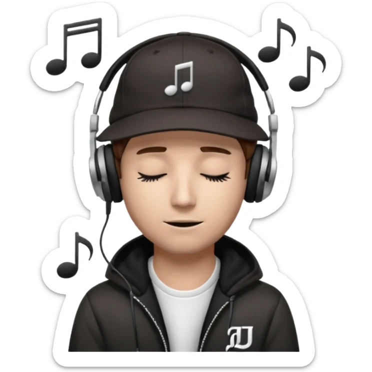 dj man white with baseball cap - rayban Sun Glasses 80s - brown hair - closed eyes with headphones on with musical note over head (listening to music ) - eyes closed no glasses - black hat  musical notes floating around head - DJ DLG written on hat sticker
