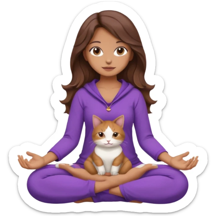 a girl with long wavy brown hair and brown eyes sitting in lotus position wearing purple clothes holding a cat, soft rounded expressive look sticker