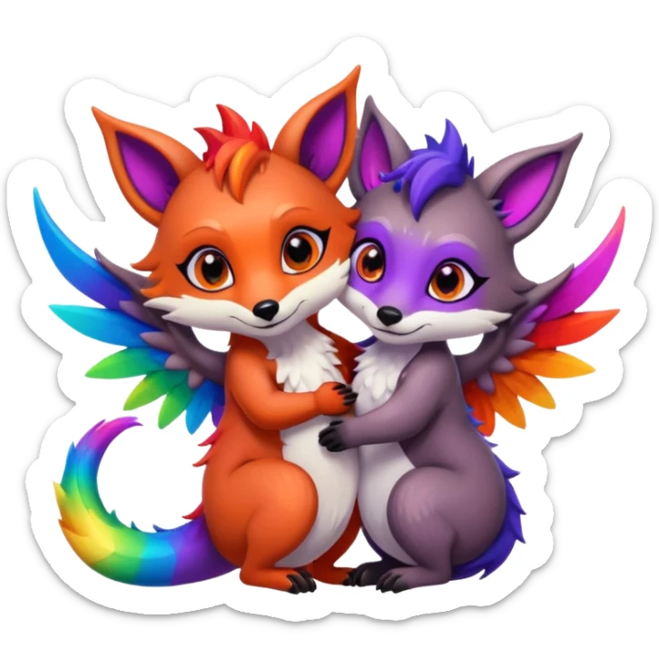 black female raccoon dragon hybrid with rainbow colored wings and purple eyes hugging a red female fox dragon hybrid with rainbow colored wings and orange eyes sticker