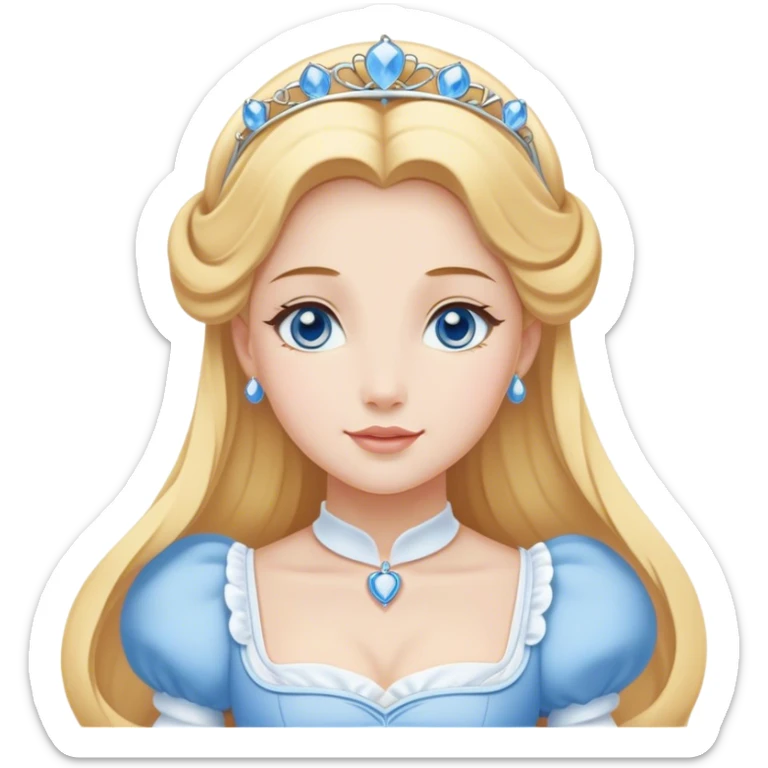 Cinematic Elegant Cinderella Portrait Emoji, Graceful and poised in her classic maid attire, golden locks cascading softly, bright blue eyes full of hope, a gentle glow of kindness and determination, delicate and humble yet undeniably beautiful, evoking the moment before her magical transformation, pure enchantment in her gaze! sticker