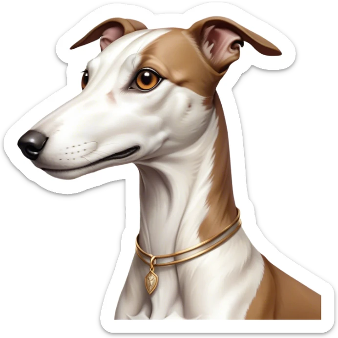 Cinematic Noble White and Brown Greyhound Portrait Emoji, Poised and regal, with a slender, aerodynamic build and a sleek Fur of pristine white accented by warm brown markings, deep-set soulful eyes, Simplified yet sharp and sophisticated features, highly detailed, glowing with a soft, dignified glow, high shine, intelligent and agile, stylized with an air of elegance, focused and attentive, soft glowing outline, capturing the essence of a watchful and swift companion, so majestic it feels as though it could dash out of the screen with effortless authority! sticker