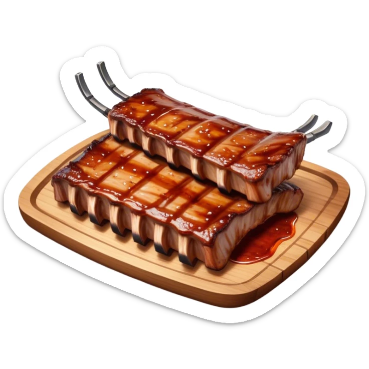 Cinematic juicy grilled ribs, glistening with smoky barbecue sauce, charred edges, tender meat falling off the bone, sizzling on a hot grill, mouthwatering and rich, warm and inviting, ultra-realistic and delicious. sticker