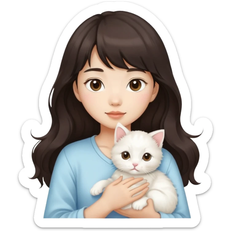 Asain girl with long wavy dark brown hair and bangs carrying a white kitten  sticker
