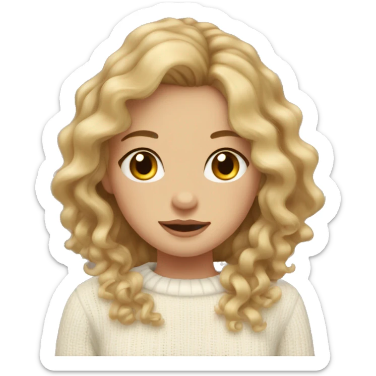 Girl with wavy brunette hair with blonde strands, hazel eyes and white cute sweater sticker