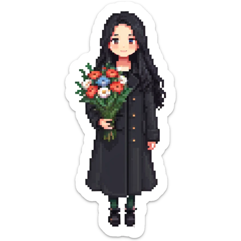 beautiful girl with long black hair wearing a black coat holding a bouquet of flowers sticker