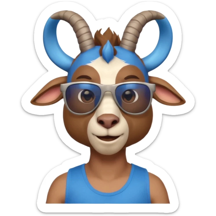 3D cartoon goat man portrait, head and shoulders, brown fur, small horns, blue reflective sunglasses, slight smile, tank top, soft lighting, centered, clean background, no text, no watermark
 sticker