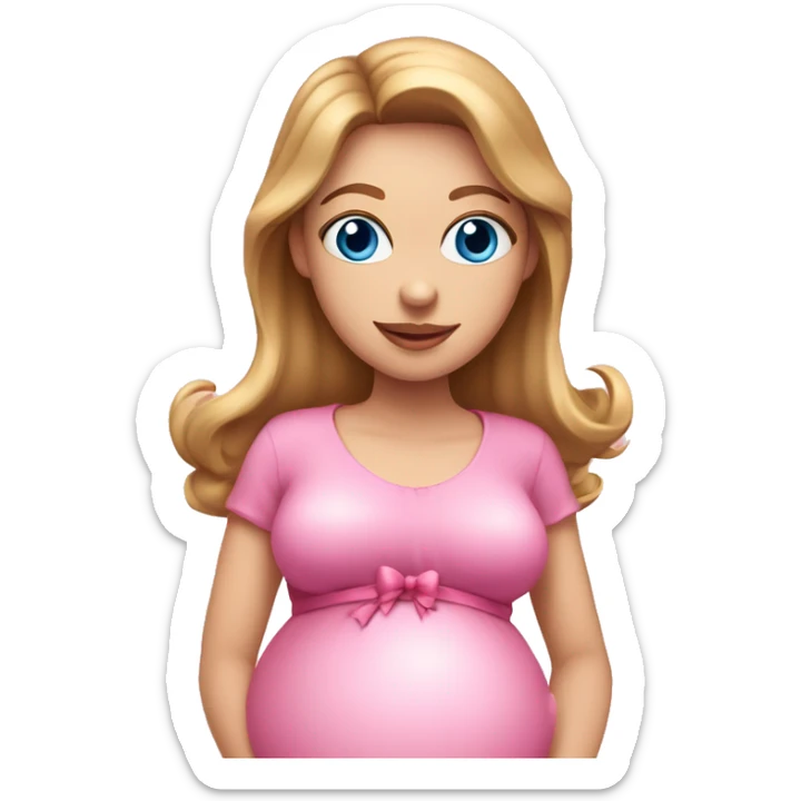 White pregnant lady, with Light Brown hair and blue eyes. She is wearing a tight pink dress and a bow,  standing and holding two pink heart balloons. sticker