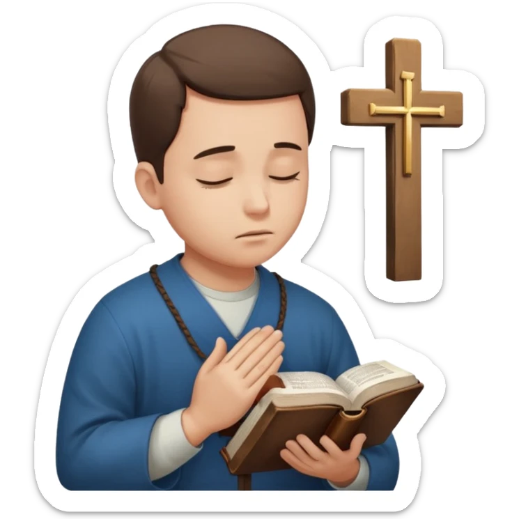 Guy who reads Bible with cross on it and with his eyes closed in prayer. without something in the background  sticker