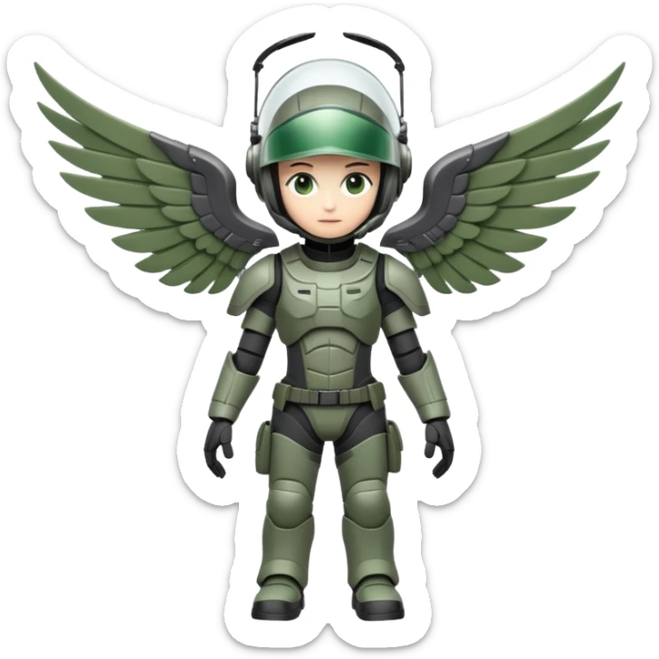A character with a dark helmet and bright visor.
They wear a detailed grey and green tactical suit.
Large, articulated mechanical wings are spread wide. sticker