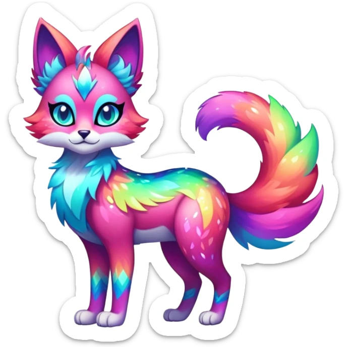 Vibrant multicolored neon-colored Falvie-Fionbri-creature-sparkle-feline-fursona, full body sticker