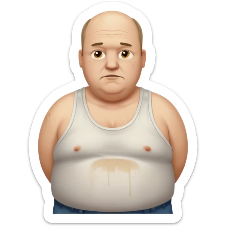 obese middle aged white man in wifebeater with  dirty appearance. His hair is very greasy and balding sticker
