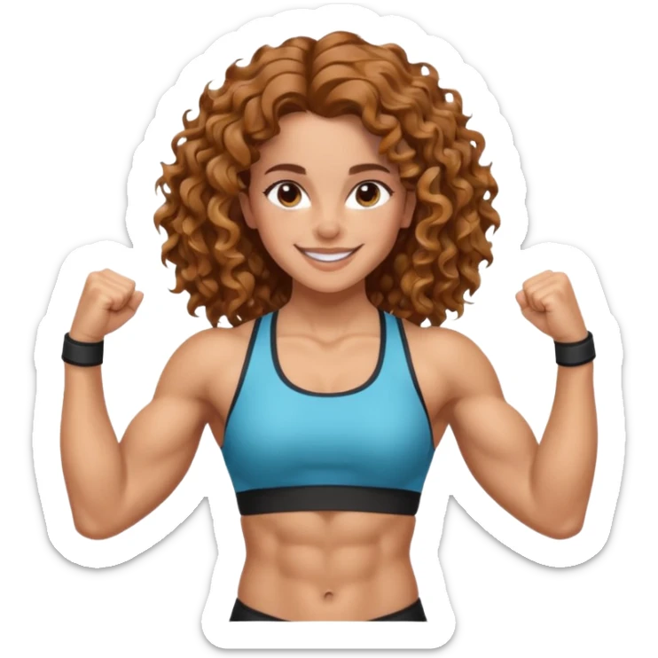 big biceps, muscled torso, very beautiful italian happy girl, looking like Emma Watson, with wavy curly bright hazelnut hair, dressed in a beautiful sports outfit, very muscled sticker