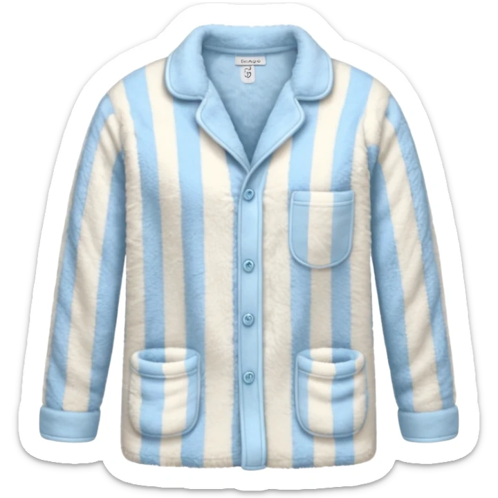 emoji of an isolated fluffy fleece pajama top with soft pastel 'vertical' stripes, plush fuzzy texture, light grey and pastel blue tones, button-down long sleeves, neatly folded flat-lay, no person, no body, no mannequin, cozy warm winter mood, soft shading sticker