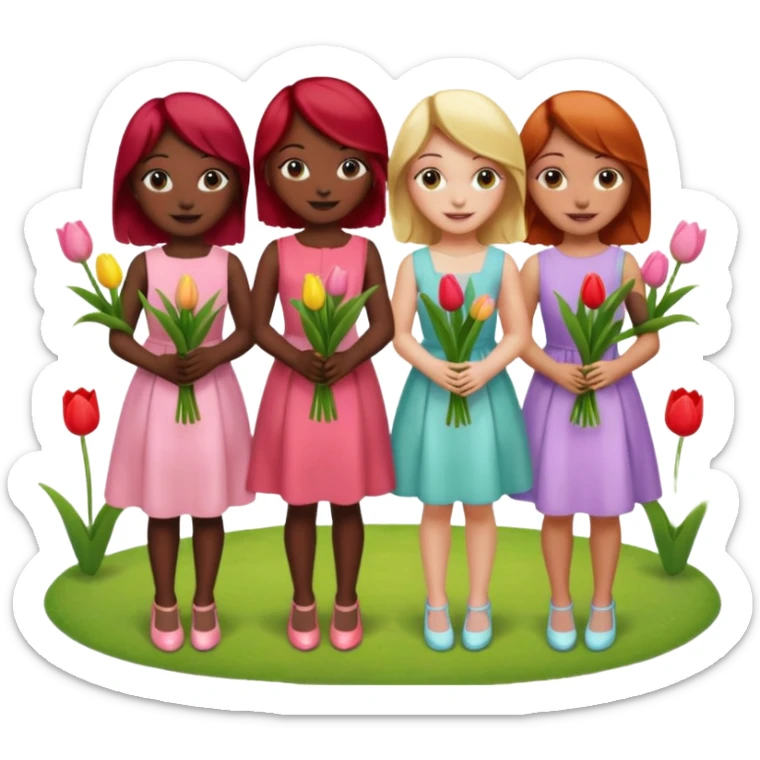 girls at a garden party wearing pastel dresses and holding tulips, one is black, one is blond, one has brown hair, one has red hair sticker