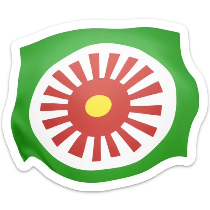 A flag with red on the top White in the middle and gren ind the bottum and af Sun with 21 Sun rays ind the middle sticker
