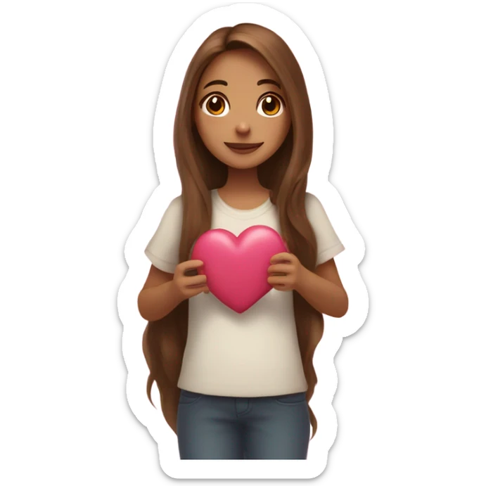 A girl with long brown hair with hearts all over and holding a heart out  sticker
