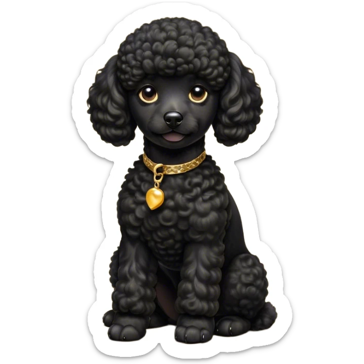 Cinematic Noble Black Poodle Portrait Emoji, Poised and regal, with a refined, elegant build and a meticulously groomed, curly jet-black Fur, deep-set soulful dark eyes, Simplified yet sharp and sophisticated features, highly detailed, glowing with a soft, dignified glow, high shine, intelligent and graceful, stylized with an air of sophistication, focused and attentive, soft glowing outline, capturing the essence of a watchful and confident companion, so majestic it feels as though it could prance out of the screen with effortless authority! sticker