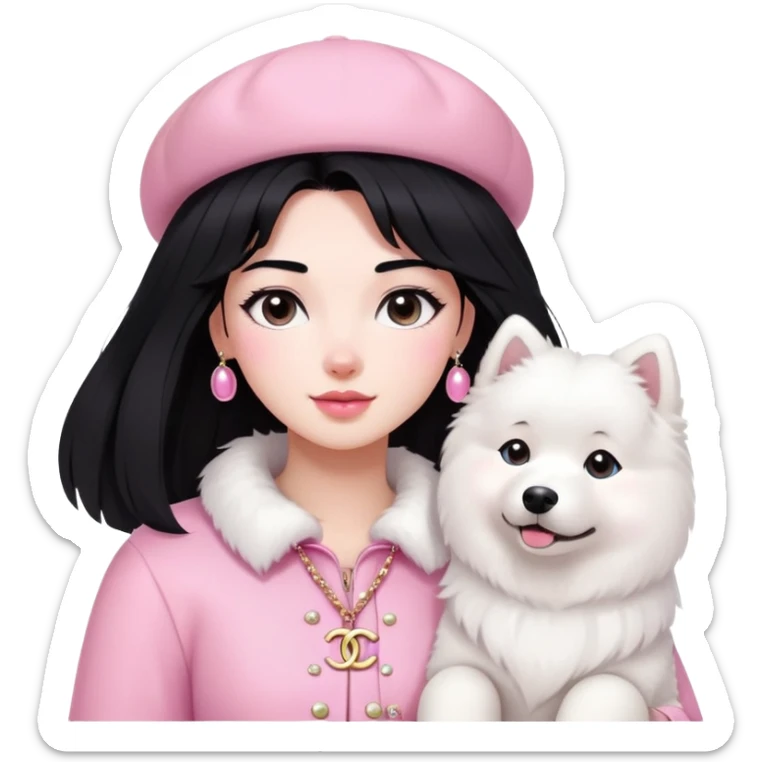 Black-haired girl in pink Chanel-style outfit with white Samoyed dog sticker