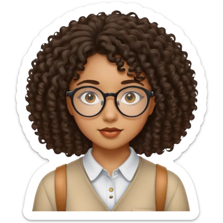 Étudiante (femme) de 20 ans noire métissée avec les cheveux bouclés, le visage ovale et des lunettes semi rondes et les yeux en amande  sticker
