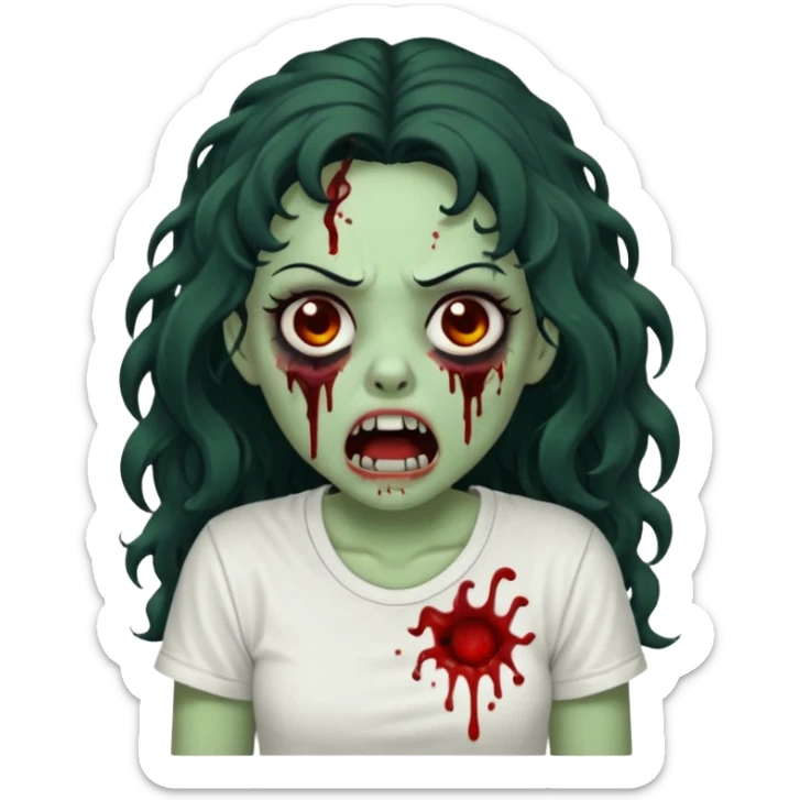 a zombie with long curly black hair volumoso, brown eyes, a white t-shirt and a splash of blood on her t-shirt, mouth open like a zombie, green skin color, not much expression, no drawing on shirt, no hands showing, less blood on her face, less blood, black hair and black eyes sticker