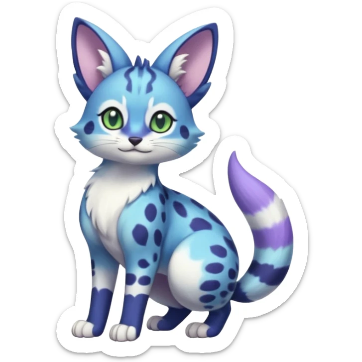 Exotic tropical shiny cute realistic Cobalt-Blue green purple black white Purloin-Meowstic-Minccino-Cinccino-serval-furret-Noibat-caracal-fusion-hybrid-creature (full body) sticker