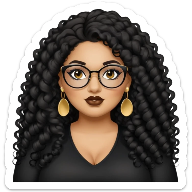 big plus size, latina, darker tan skin, long black curly hair, baddie,pretty, makeup, lipgloss, black eyeliner, long hair, small gold earrings, black top, black glasses sticker